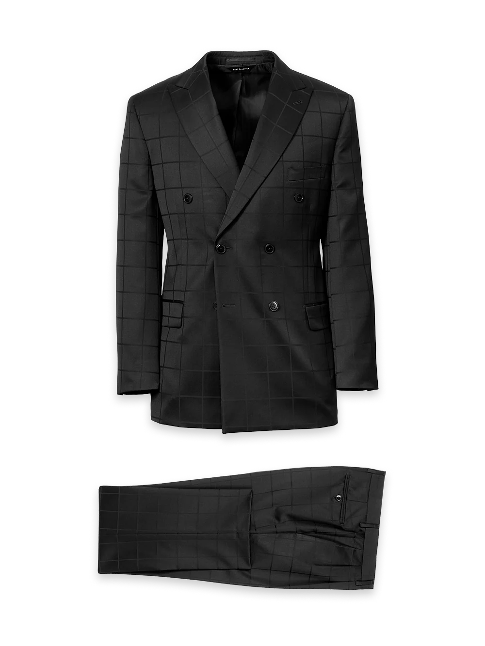 Wool Windowpane Double Breasted Peak Lapel Suit - Black