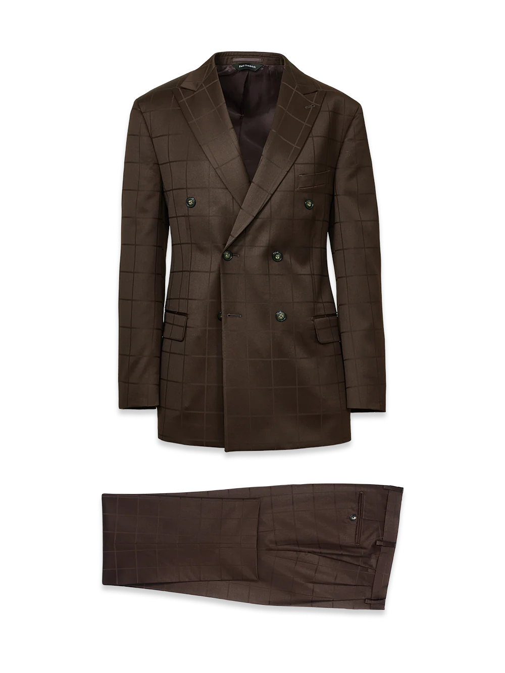 Wool Windowpane Double Breasted Peak Lapel Suit - Brown